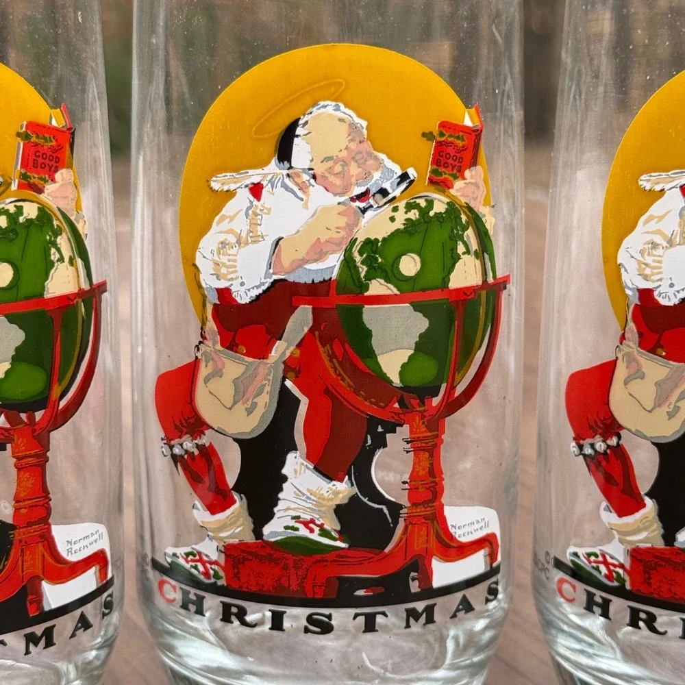 Vintage Coca-Cola Norman Rockwell Christmas Glasses Set of 4 Holiday Decor‎